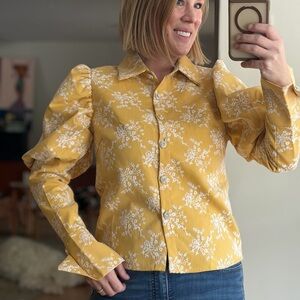 NWT Beulah Golden Yellow White Embroidered Floral Button-Up Jacket Blouse Top M